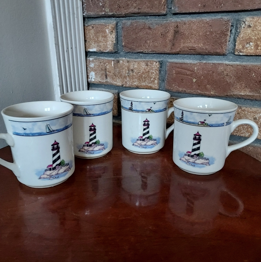 Totally Today Coastal Lighthouse Ceramic Coffee Mugs Ocean Nautical READ FLAW